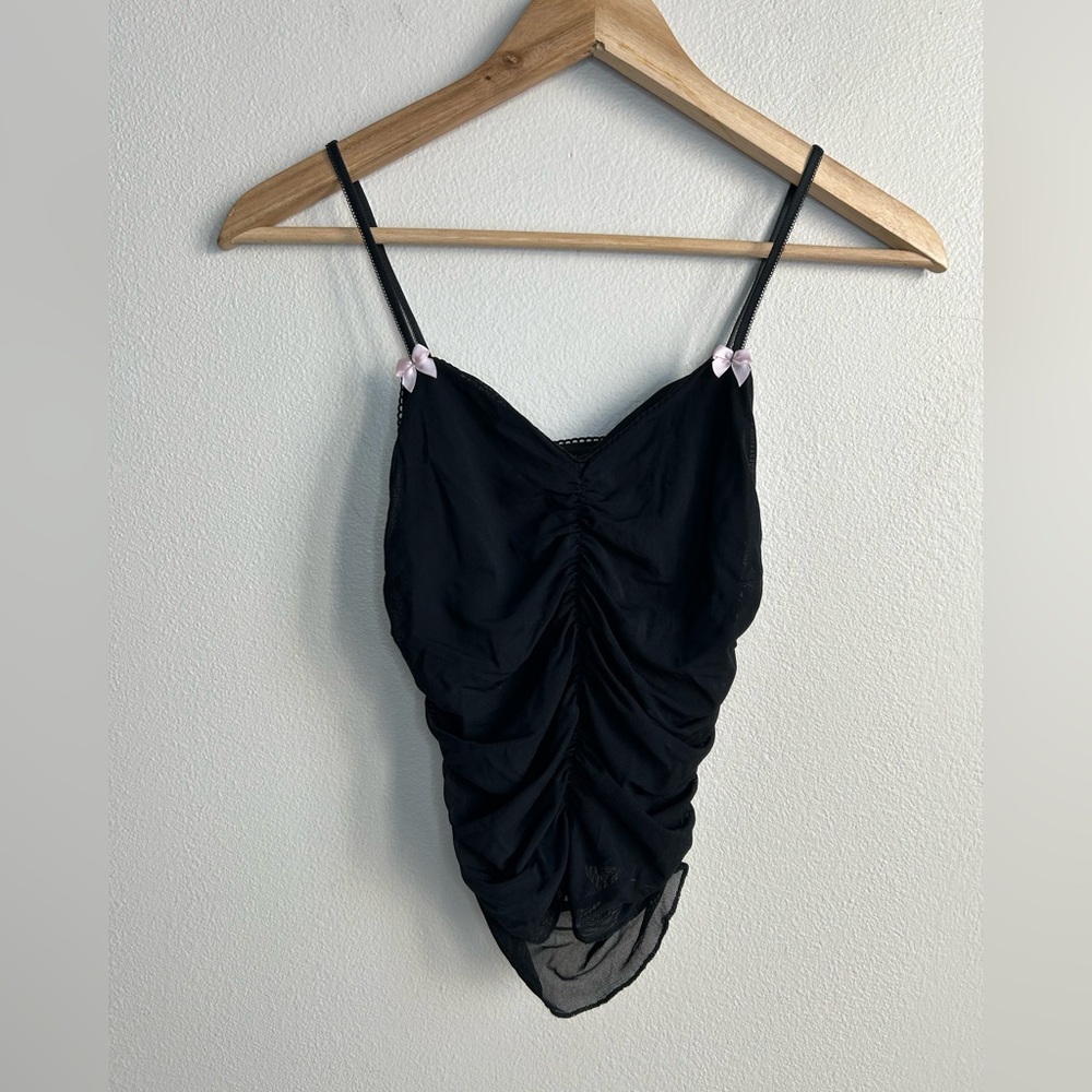Urban Outfitters Black Sheer Ruched Lined Tank Top Sweetheart Pink Dainty Bows S